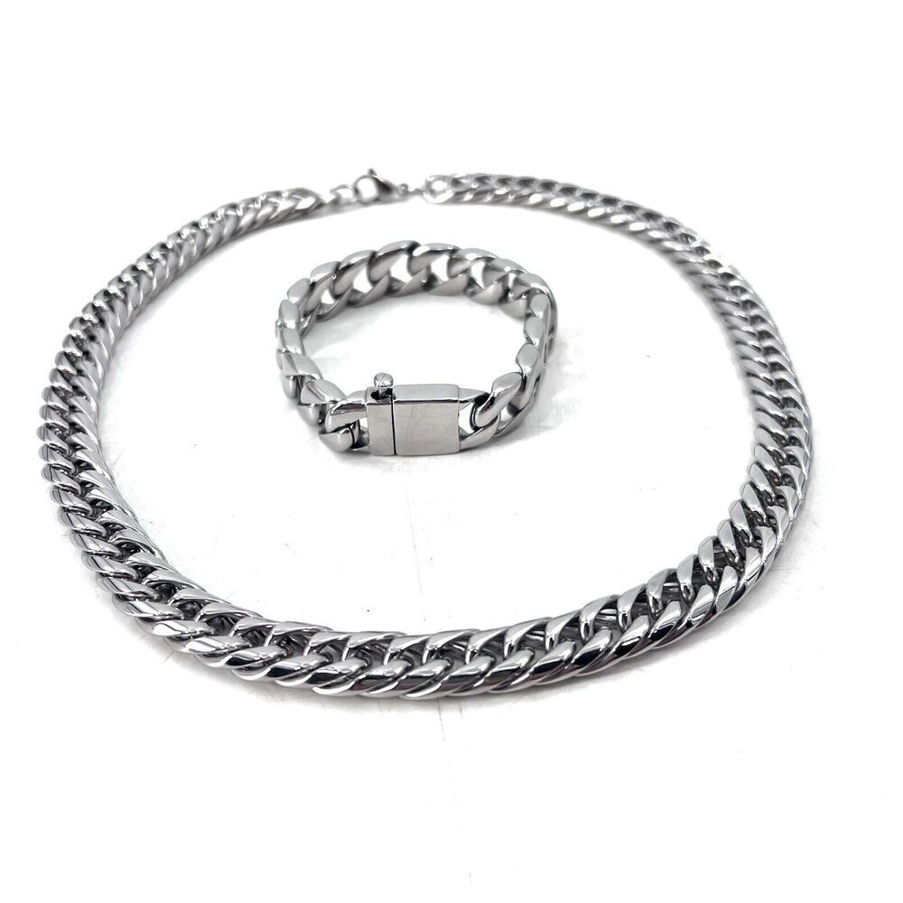 Miami Cuban Link Bracelet 9'' & Chain 22'' - 12mm Anti-Tarnish Stainless Steel - Picture 2 of 10